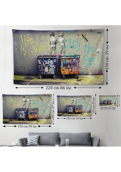 Bansky Çöp Kutusuna Işeyen Çocuklar Kanvas Duvar Örtüsü-Halısı / Hayat KISA-5154