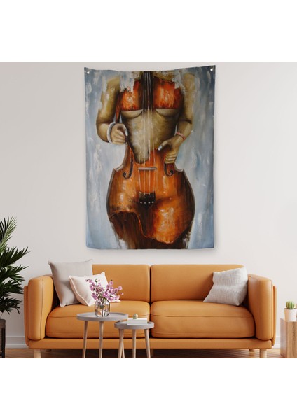 Violin Kadın Kanvas Duvar Örtüsü - Halısı, Kadın Keman Sanatı, Suluboya Duvar Örtüsü - HALISI-5229