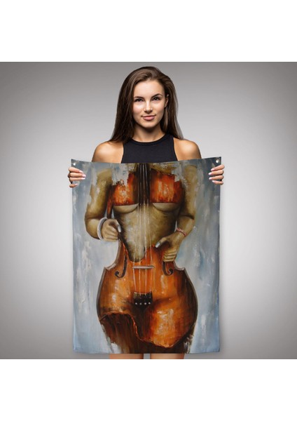 Violin Kadın Kanvas Duvar Örtüsü - Halısı, Kadın Keman Sanatı, Suluboya Duvar Örtüsü - HALISI-5229