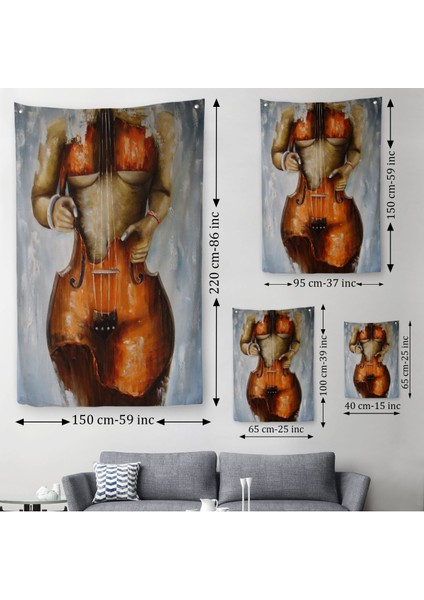 Violin Kadın Kanvas Duvar Örtüsü - Halısı, Kadın Keman Sanatı, Suluboya Duvar Örtüsü - HALISI-5229