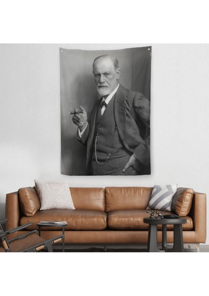 Sigmund Freud Elinde Puro ile Siyah Beyaz Fotoğrafı Duvar Örtüsü - HALISI-5238