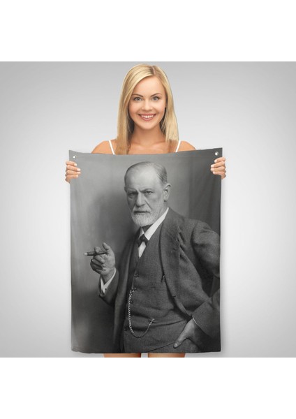 Sigmund Freud Elinde Puro ile Siyah Beyaz Fotoğrafı Duvar Örtüsü - HALISI-5238