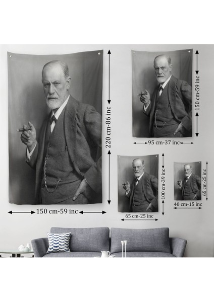 Sigmund Freud Elinde Puro ile Siyah Beyaz Fotoğrafı Duvar Örtüsü - HALISI-5238