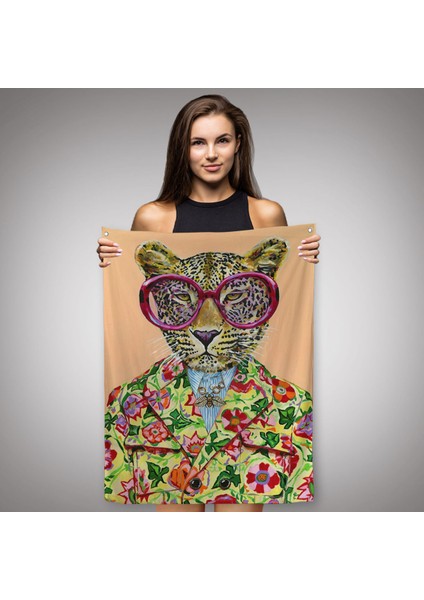 Kokoş Leopar, Çiçek Taçlı Sosyetik Leopar Duvar Örtüsü - Halısı -6325