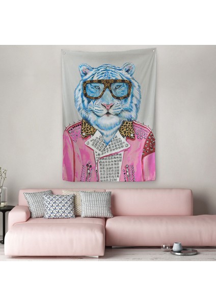 Tüketim Bağımlısı Pembe Ceketli Kaplan Duvar Örtüsü - HALISI-6156