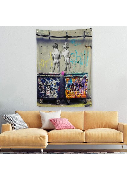 Bansky Çöp Kutusuna Işeyen Çocuklar Duvar Örtüsü - Halısı / Hayat KISA-5115