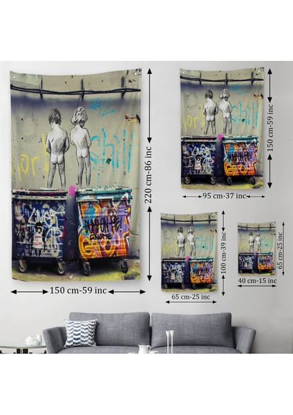 Bansky Çöp Kutusuna Işeyen Çocuklar Duvar Örtüsü - Halısı / Hayat KISA-5115