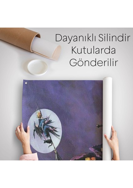 Süpürge Ile Uçan Cadı ve Kedisi Cadılar Bayramı Helloven Duvar Örtüsü - Halısı -6078