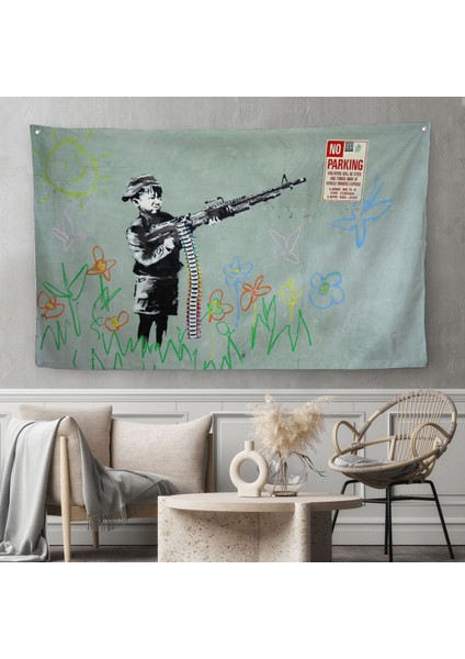 Bansky'nin Makineli Tüfekli Çocuk Isimli Eseri Kanvas Duvar Örtüsü-Halısı, No PARKING-5008