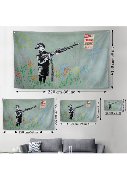 Bansky'nin Makineli Tüfekli Çocuk Isimli Eseri Kanvas Duvar Örtüsü-Halısı, No PARKING-5008