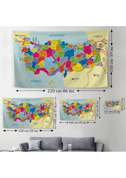 Eğitici ve Öğretici Detaylı Dekoratif Komşulu Türkiye Haritası  Duvar Örtüsü-Halısı 3845