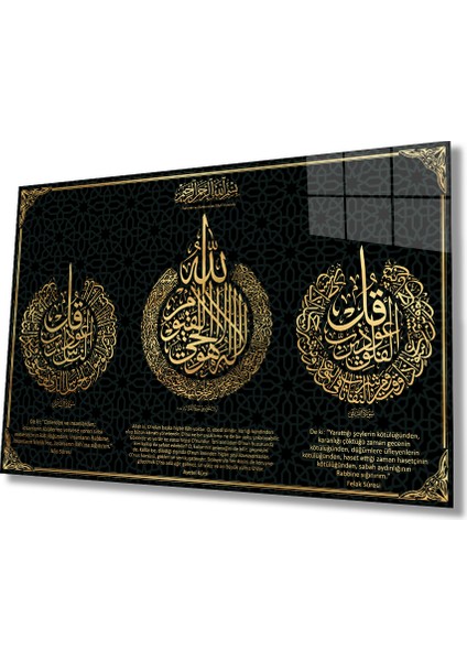 Ayetel Kürsi, Felak ve Nas Suresi Dini Islami Cam Tablo, Ev Ofis Duvar Dekoru Hediyelik Büyük Tablo