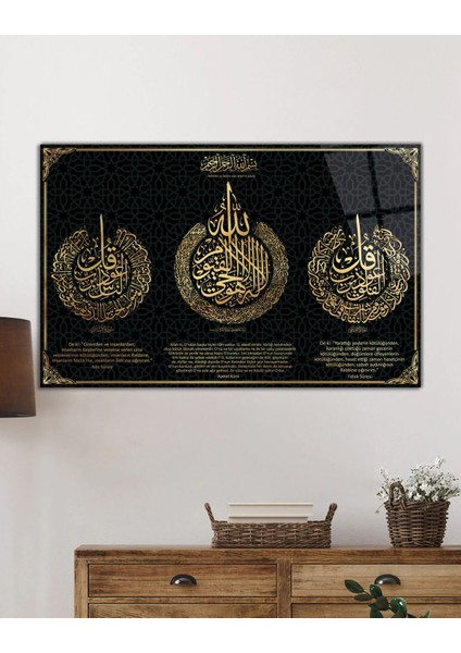 Ayetel Kürsi, Felak ve Nas Suresi Dini Islami Cam Tablo, Ev Ofis Duvar Dekoru Hediyelik Büyük Tablo fiyatları