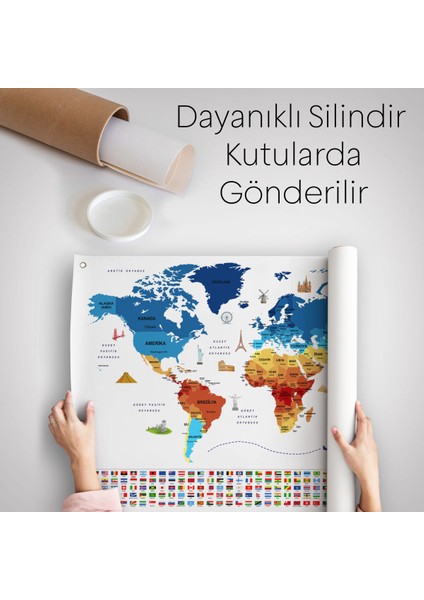 Ülke Bayrak Lı Eğitici Başkent Detaylı Atlası Dekoratif Dünya Haritası Duvar Örtüsü-Halısı 3857