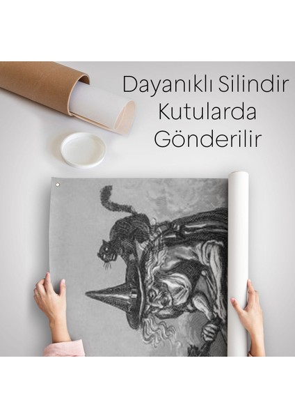 Süpürge ile Uçan Yaşlı Cadı ve Kedisi Cadılar Bayramı Hediyesi Hellowen Duvar Örtüsü Halısı 6304