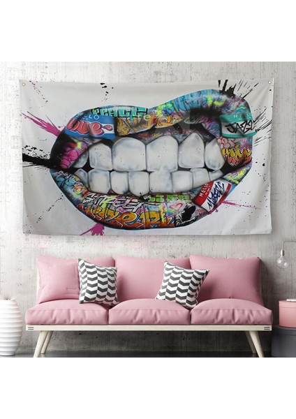 Renkli Dudak Graffiti Kanvas Duvar Örtüsü-Halısı, Banksy Sokak SANATI-5413