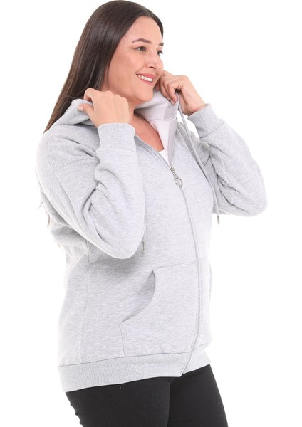 Kadın Büyük Beden Şardonlu Fermuarlı Kalın Gri Sweatshirt modelleri