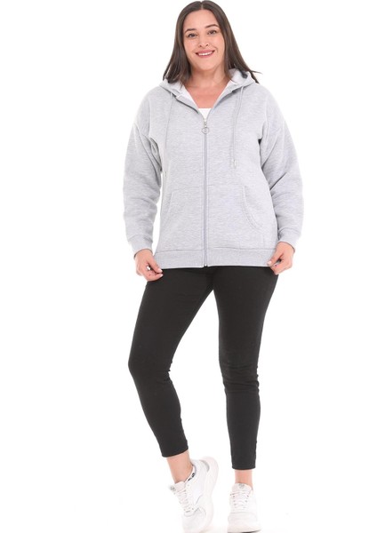 Kadın Büyük Beden Şardonlu Fermuarlı Kalın Gri Sweatshirt fırsatları