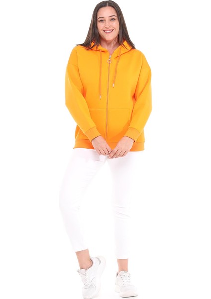 Kadın Büyük Beden Şardonlu Fermuarlı Kalın Turuncu Sweatshirt