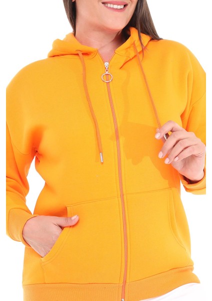 Kadın Büyük Beden Şardonlu Fermuarlı Kalın Turuncu Sweatshirt
