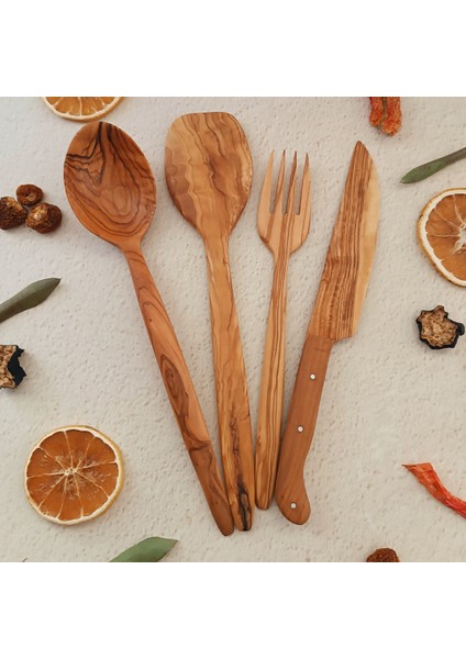 Ahşap Tahta Servis, Sunum Spatula, Kaşık, Bıçak, ve Çatal Seti - El Yapımı - Zeytin Ağacı