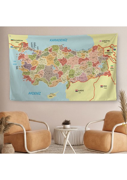 Eğitici ve Öğretici Detaylı Dekoratif Komşulu Türkiye Haritası Duvar Örtüsü-Halısı 3846