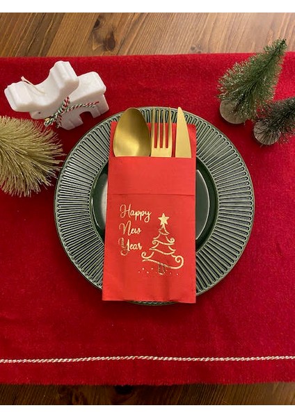 Gold Yaldızlı Kırmızı Happy New Year Çam Ağacı Cepli Peçete 12 Lı 40X40
