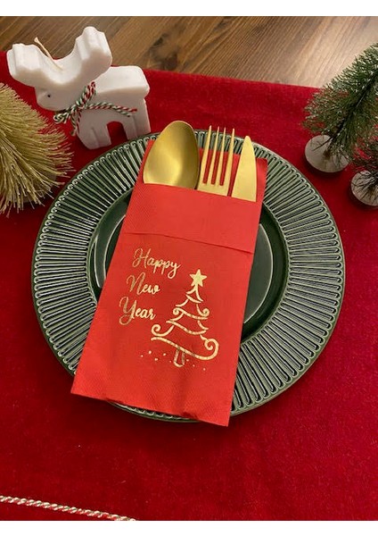 Gold Yaldızlı Kırmızı Happy New Year Çam Ağacı Cepli Peçete 12 Lı 40X40 fiyatları