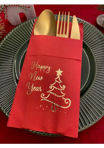 Gold Yaldızlı Kırmızı Happy New Year Çam Ağacı Cepli Peçete 12 Lı 40X40 modelleri