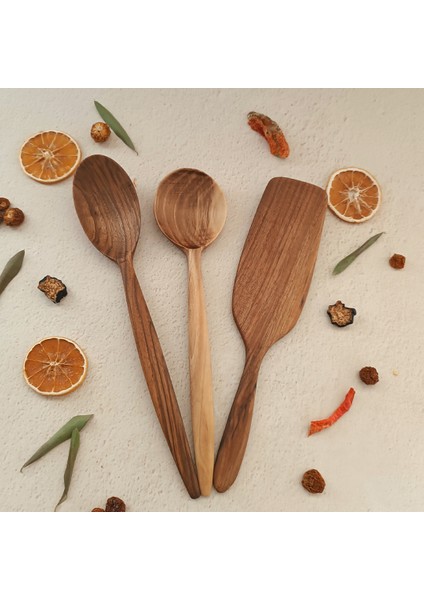 Ahşap Tahta Servis, Sunum Kaşığı ve Spatula Seti - El Yapımı - Ceviz Ağacı - 30 cm ve 28 cm