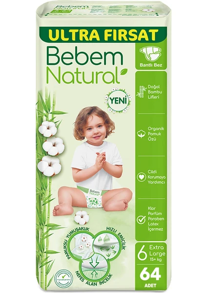 Bebem Natural Bebek Bezi Ultra Fırsat Paketi Maxi 6 Numara 64 Adet (64 x 1 Paket)