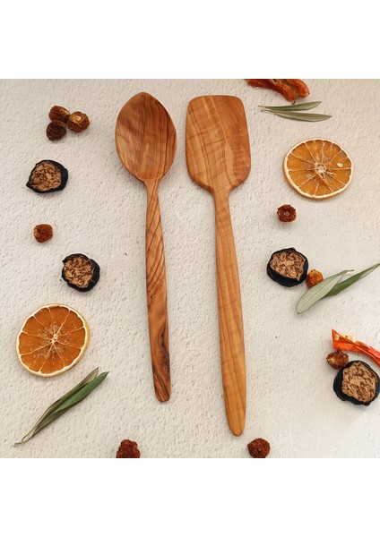Ahşap Tahta Kaşık ve Spatula Seti - El Yapımı - Zeytin Ağacı - 24 cm ve 28 cm indirimleri