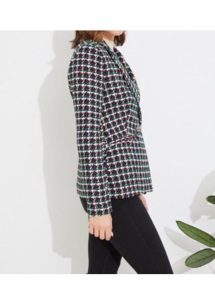 Kruvaze Yaka Koyu Yeşil Desenli Kışlık Blazer Ceket