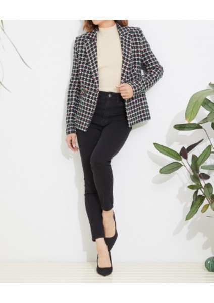 Kruvaze Yaka Koyu Yeşil Desenli Kışlık Blazer Ceket