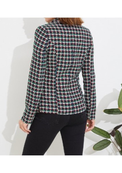 Kruvaze Yaka Koyu Yeşil Desenli Kışlık Blazer Ceket