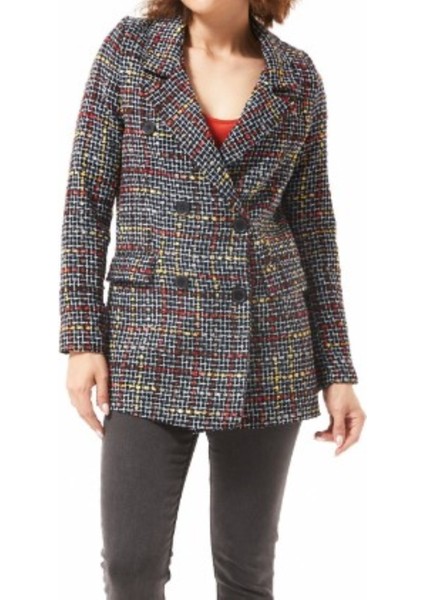 Siyah-Kırmızı Pötikare Desenli Kışlık Blazer Ceket