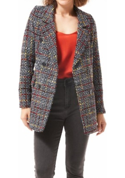 Siyah-Kırmızı Pötikare Desenli Kışlık Blazer Ceket