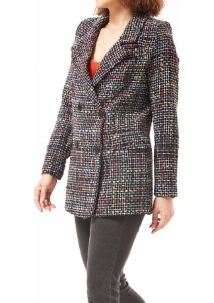 Siyah-Kırmızı Pötikare Desenli Kışlık Blazer Ceket