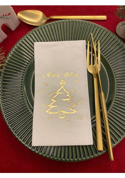 Gold Yaldızlı Beyaz Mutlu Yıllar Çam Ağacı Peçete 16 Lı