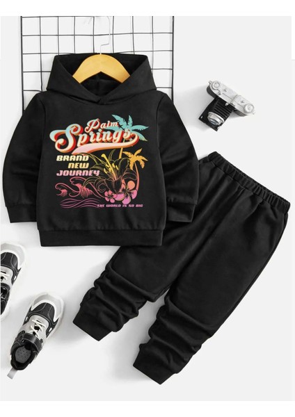 KİDS FACE Özel Tasarım Kapüşonlu Palm Springs Baskılı 3 Iplik %100 Pamuk Kız Çocuk Eşofman Takımı