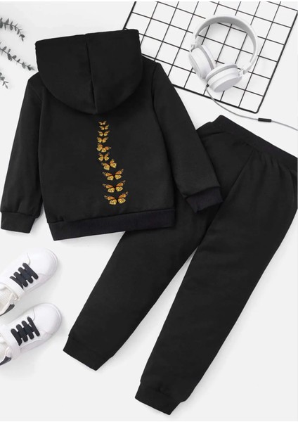 KİDS FACE Özel Tasarım Kapüşonlu Kahverengi Kelebekler Sırt Baskılı Tam Kışlık %100 Pamuk Kız Çocuk Eşofman Takımı fiyatları