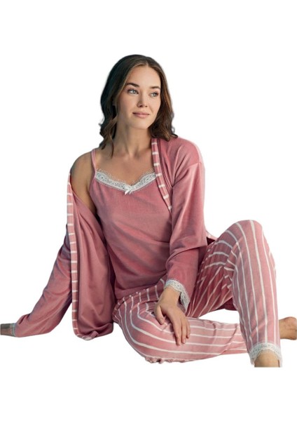 Kadın Fransız Kadife Sabahlıklı Dantel Detaylı Pijama Takımı (Üçlü Set)