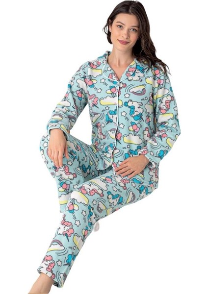 Kadın Desenli Polar Gömlek Yaka Önden Düğme Uzun Kol Kışlık Pijama Takımı