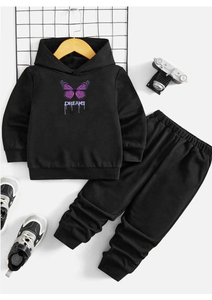 KİDS FACE Özel Tasarım Kapüşonlu Dreams Mor Kelebek Baskılı Tam Kışlık %100 Pamuk Kız Çocuk Eşofman Takımı
