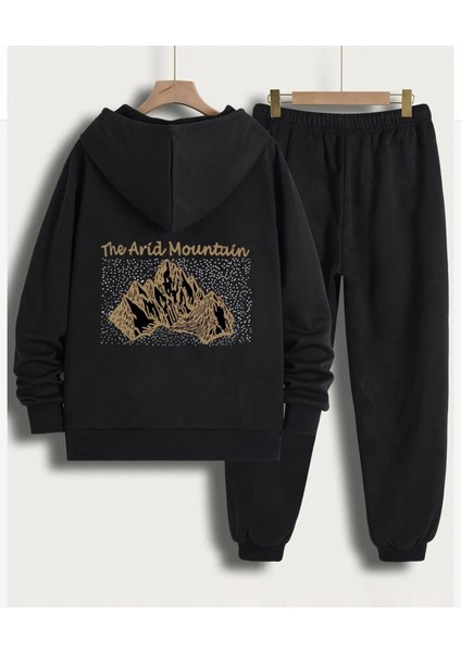 KİDS FACE Özel Tasarım Kapüşonlu Mountain Baskılı Tam Kışlık %100 Pamuk Kız Çocuk Eşofman Takımı