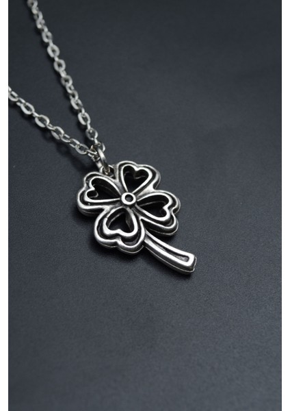 Dört Yapraklı Yonca Gümüş Kaplama Unisex Düz Zincir Kolye kod 691