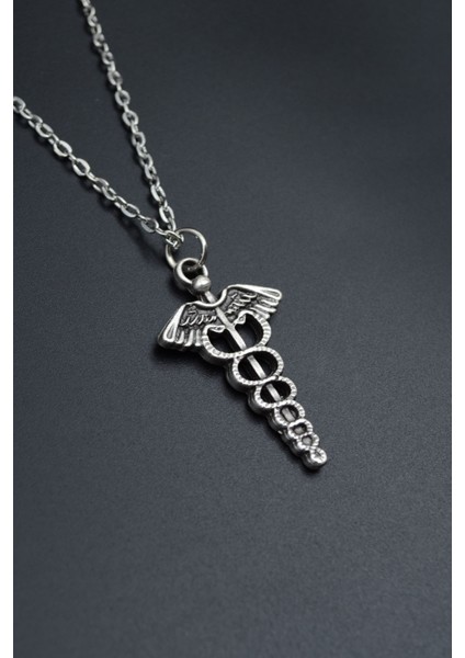 Tıp Sembolü Kadüse Gümüş Kaplama Unisex Düz Zincir Kolye kod 646