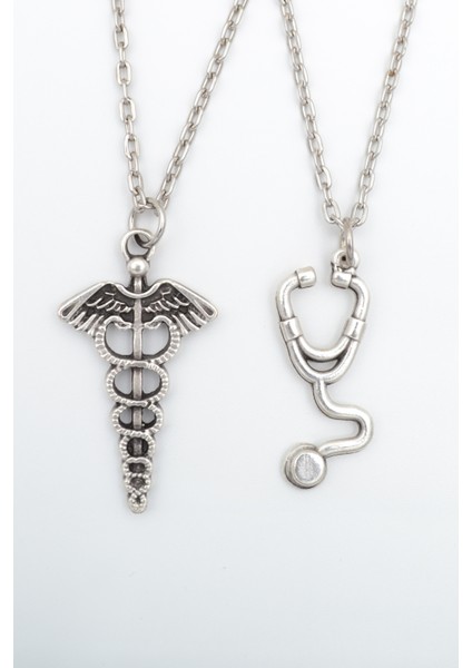 2'li Tıp Sembolü Kadüse - Steteskop Gümüş Kaplama Unisex Düz Zincir Kolye Seti kod 991
