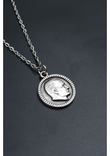 Atatürk Madalyon Gümüş Kaplama Unisex Düz Zincir Kolye kod 698