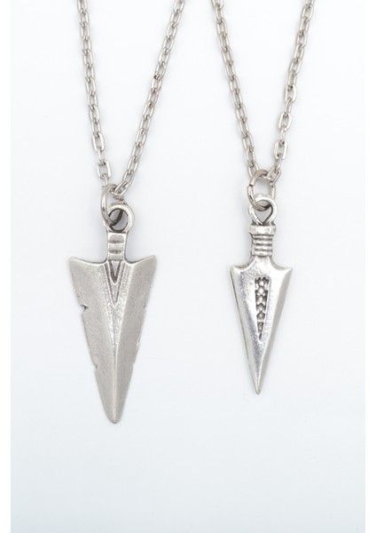2'li Triagle Ok Ucu - Desenli Gümüş Kaplama Unisex Düz Zincir Kolye Seti kod 1072
